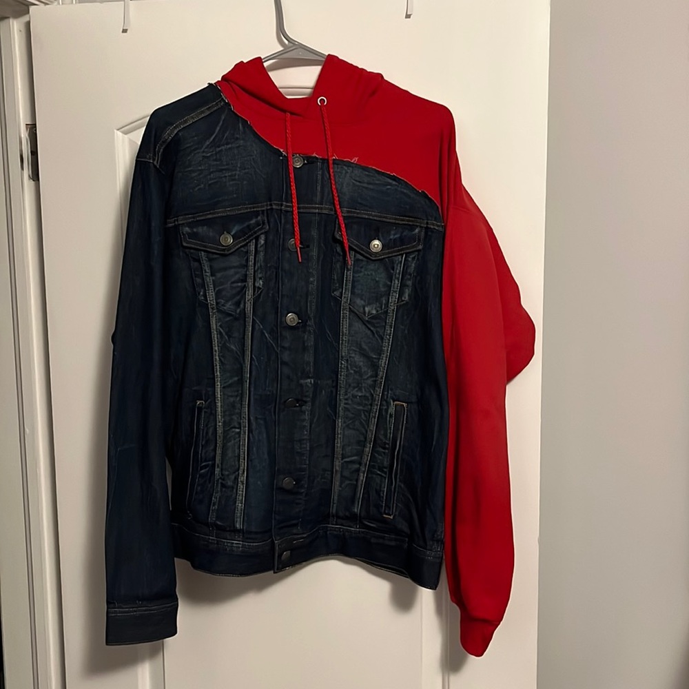 Made to order! Half denim/half red hoodie “Flawed Clothing”sweatshirt